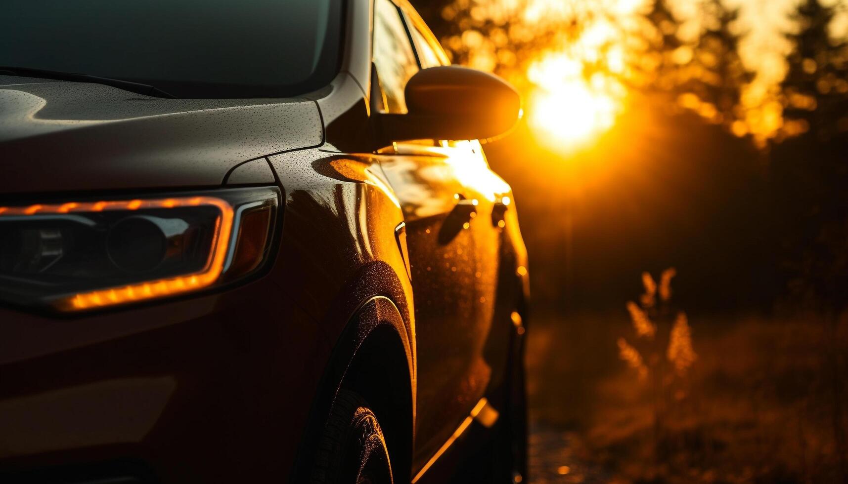 Man driving sports car through illuminated forest at dusk generated by AI photo