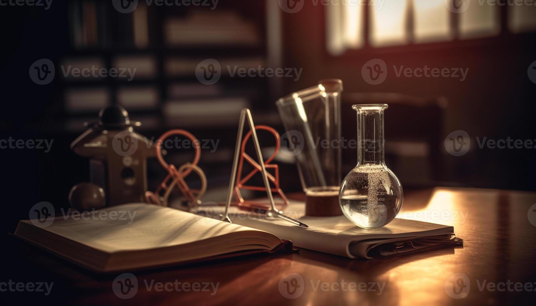 Scientist studying biology with antique textbook and scientific equipment indoors generated by AI photo