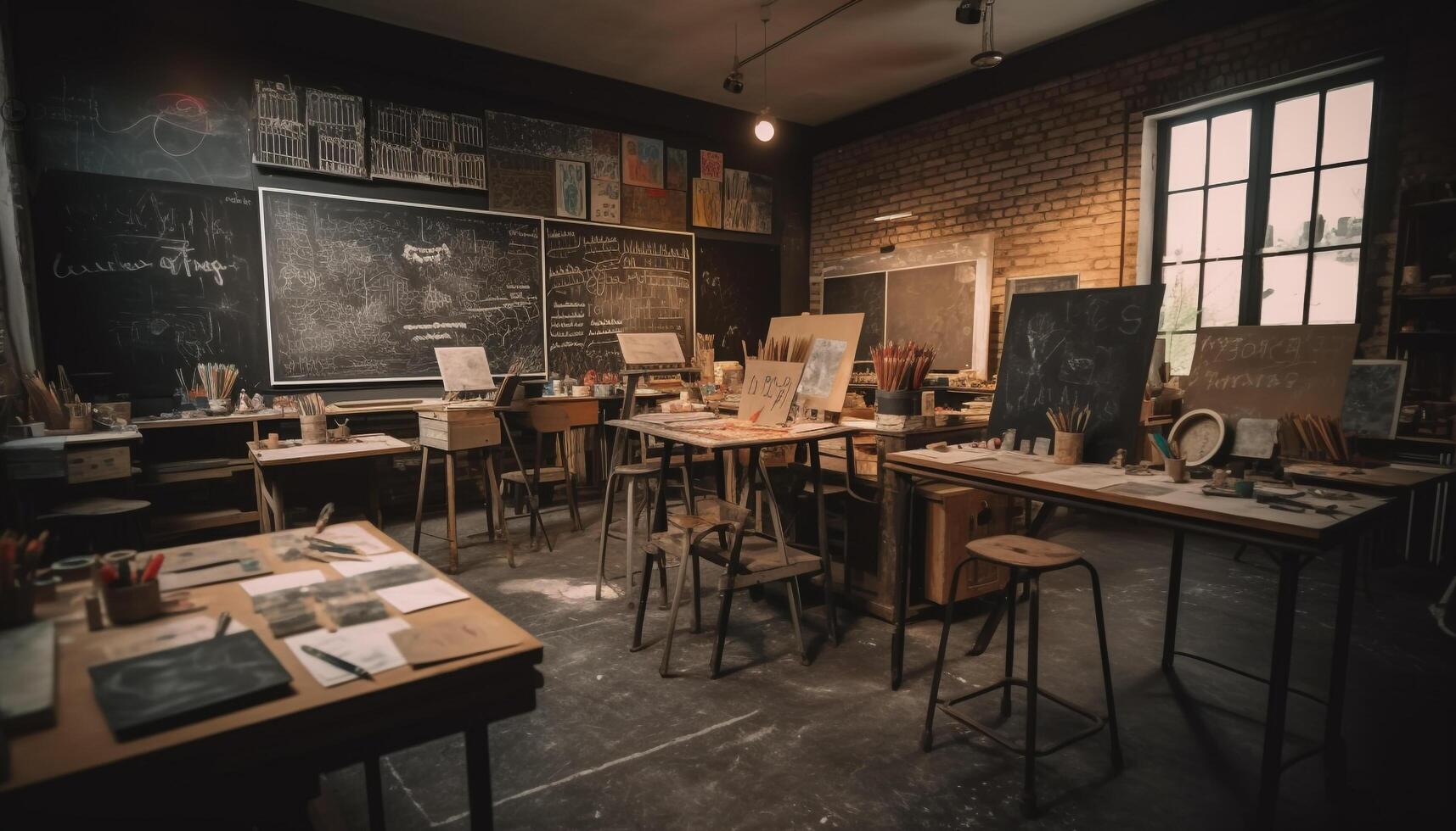 Modern business person working in a messy home office studio generated by AI photo