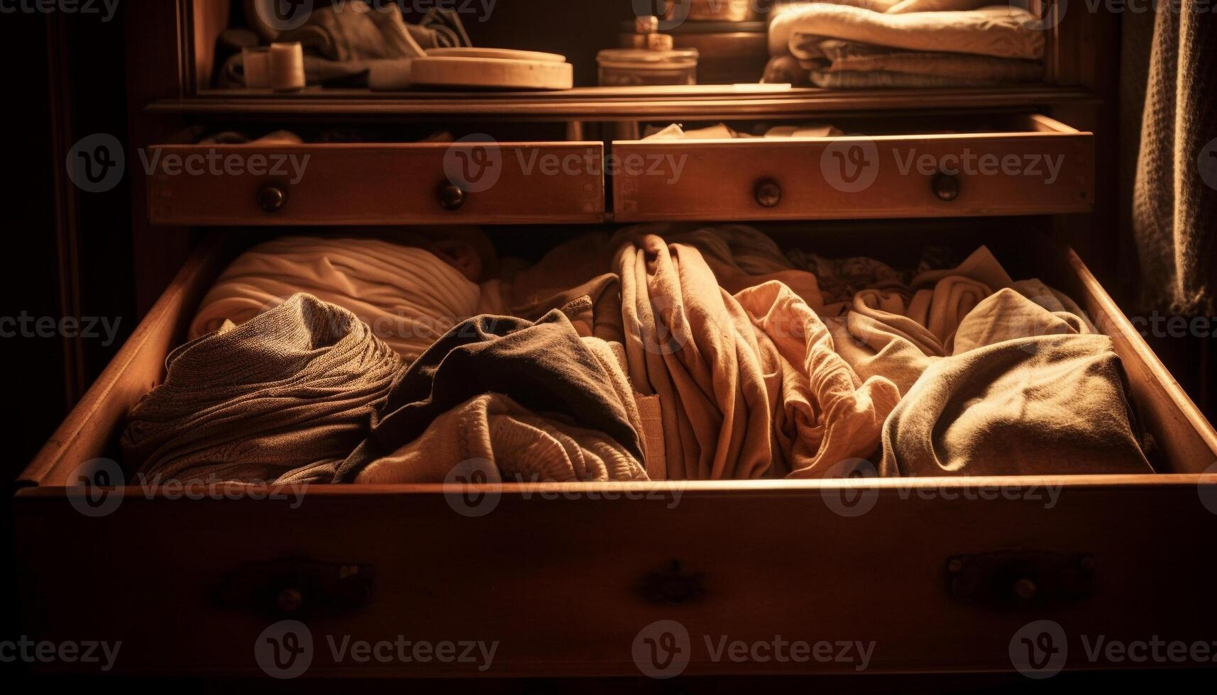 Comfortable bedding stack in rustic bedroom with antique furniture collection generated by AI photo