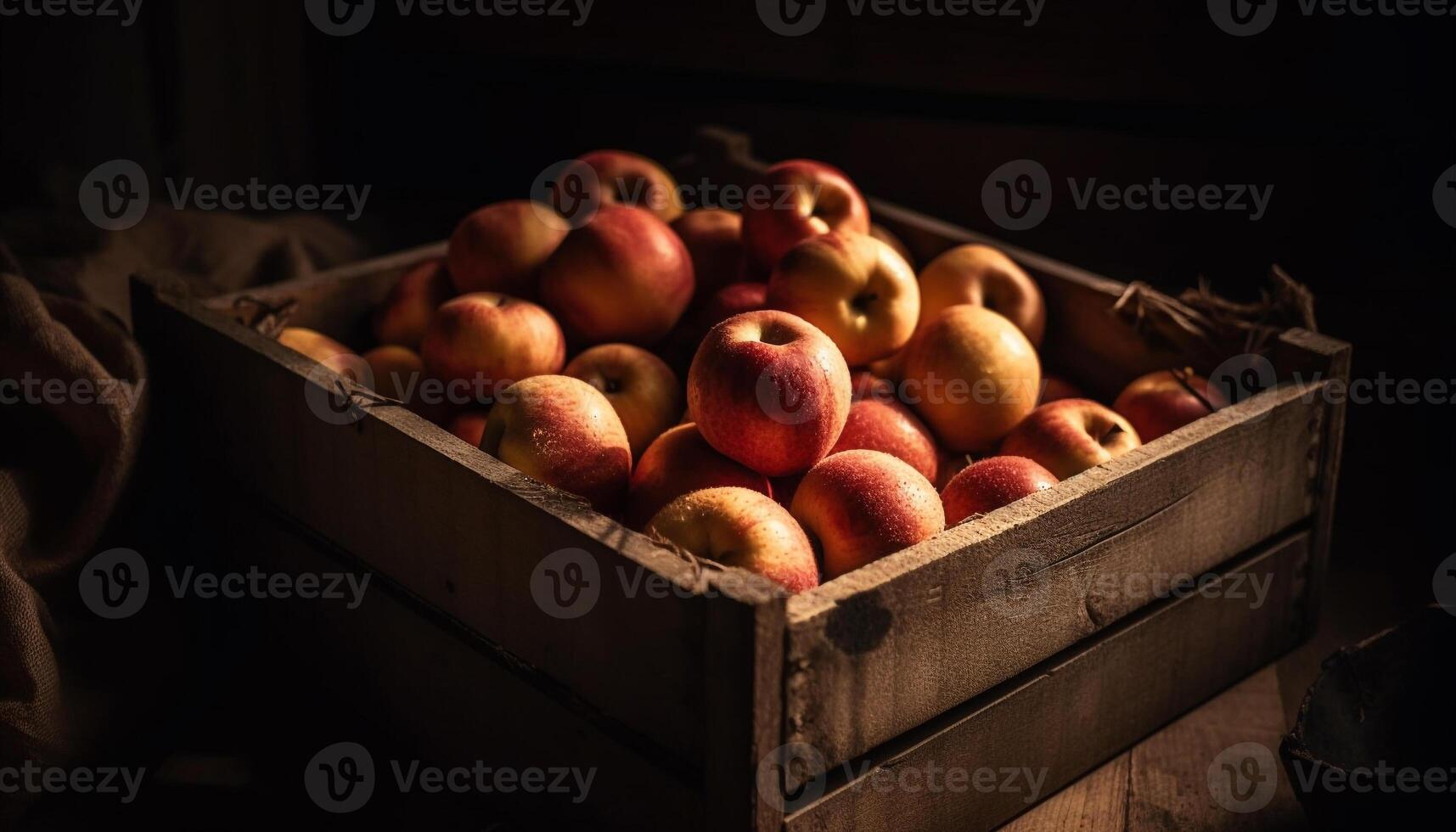 Ripe organic apples in wooden crate, a harvest of freshness generated by AI photo