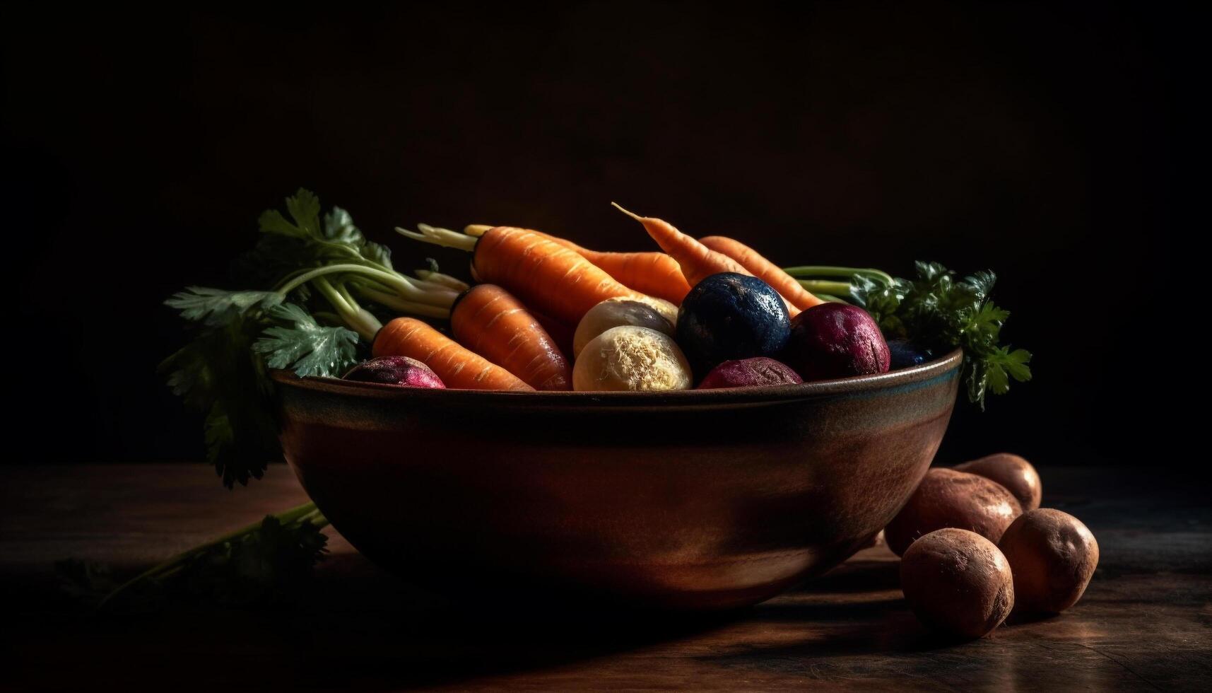 Fresh organic vegetarian salad with ripe root vegetables and cilantro generated by AI photo