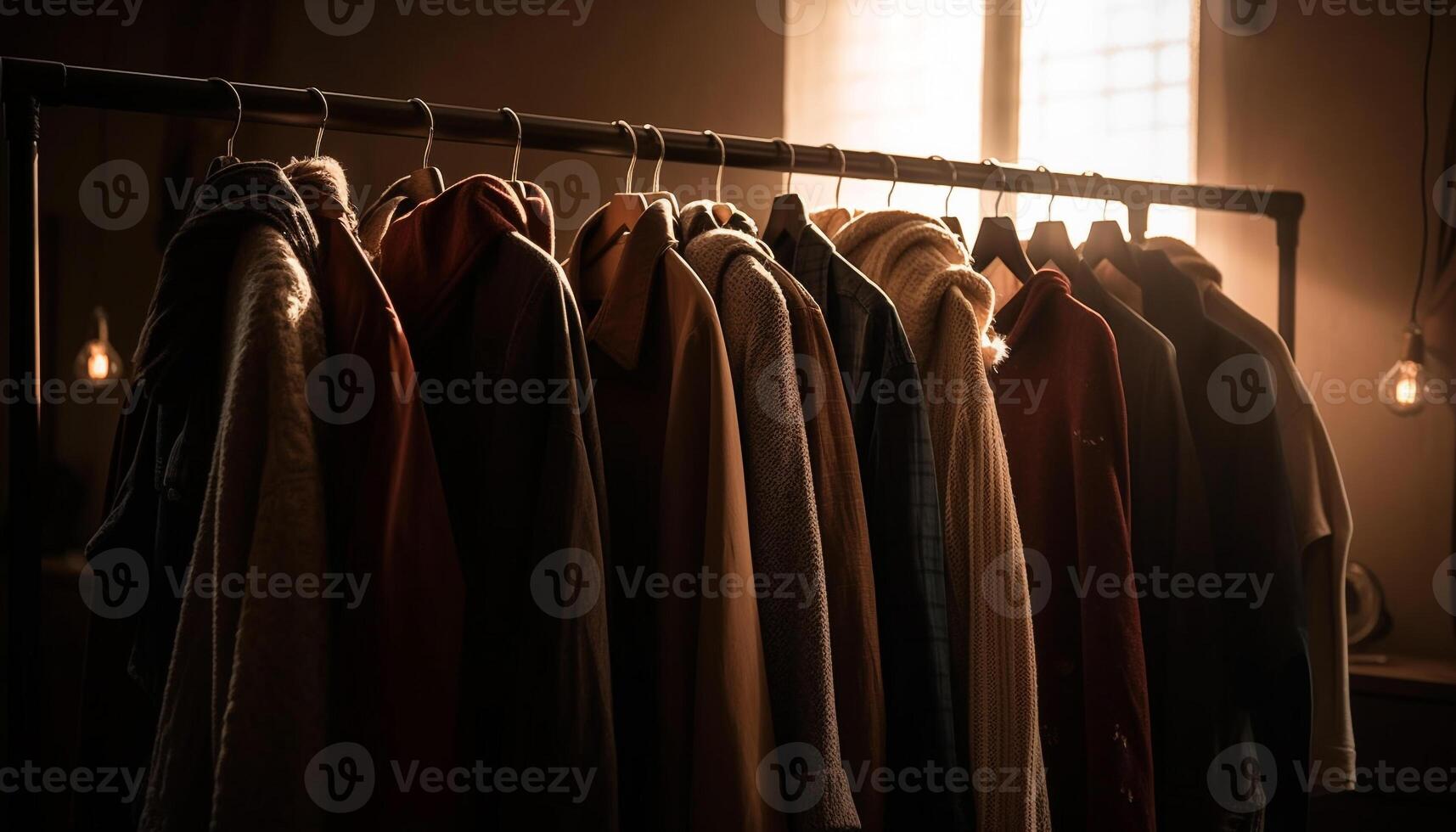 elegante ropa colección colgando en moderno boutique ropa Tienda generado por ai foto
