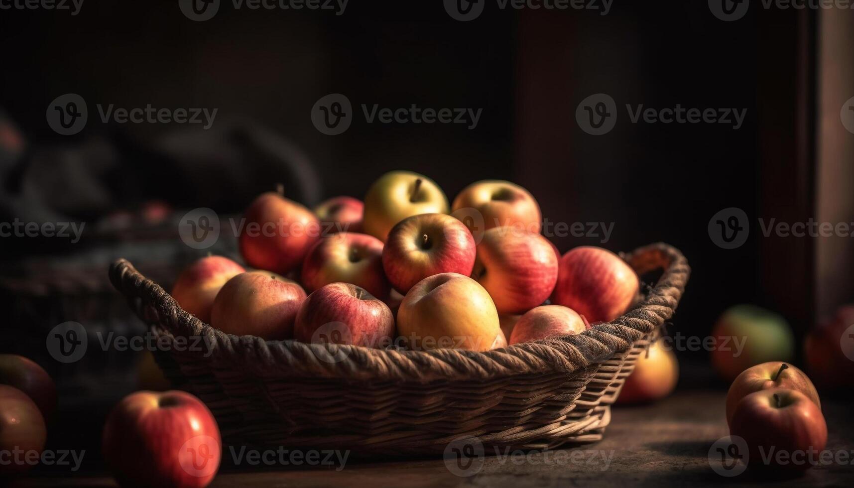 Fresh organic apples in a rustic wicker basket on table generated by AI photo