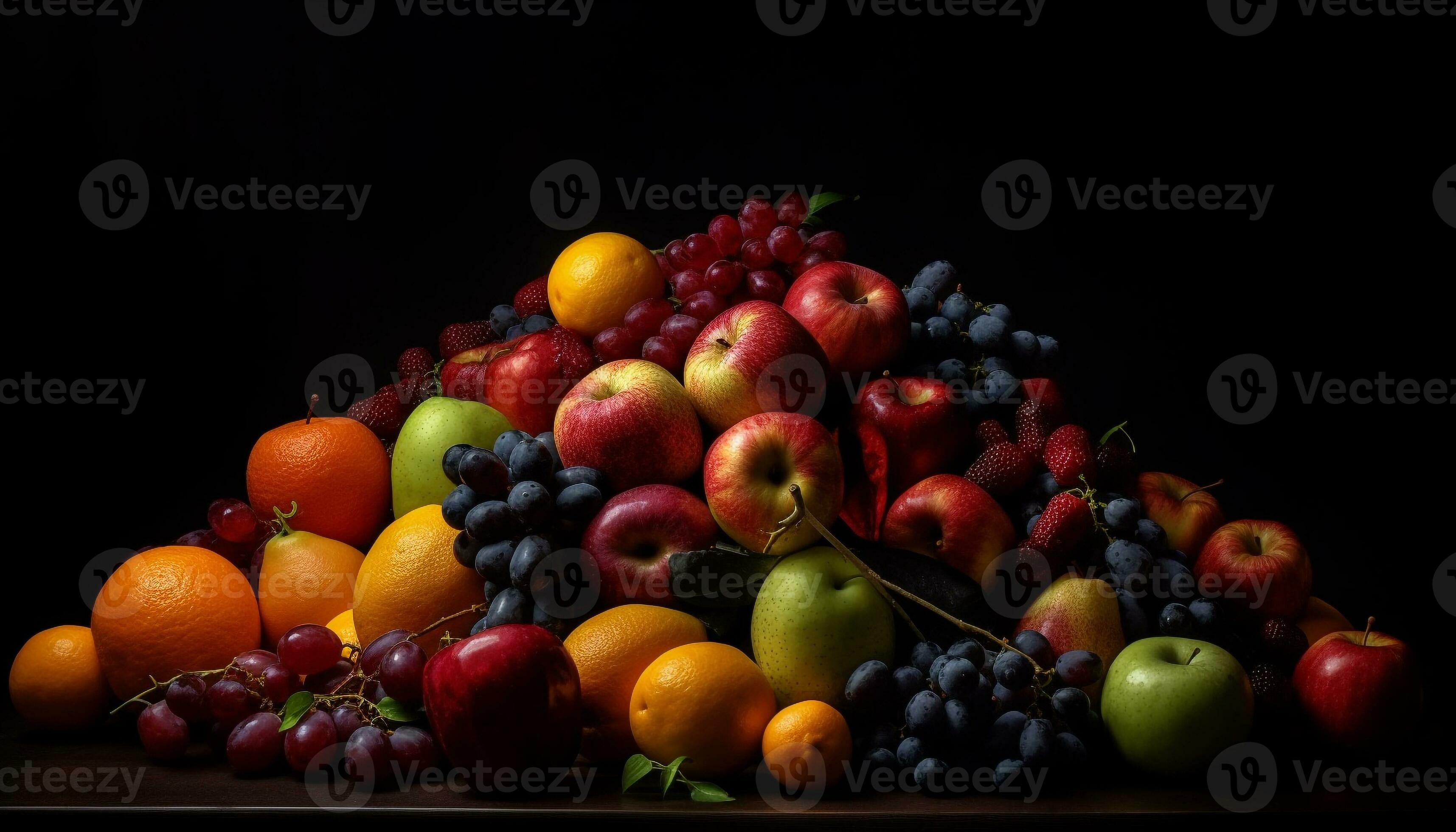 Abundance of vibrant, juicy, multi colored fruit on dark background