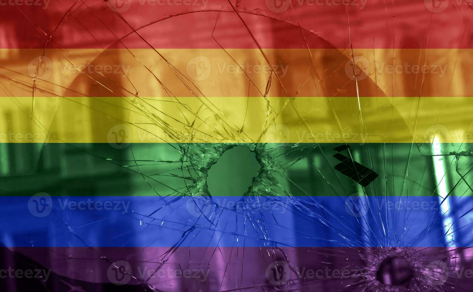 Flag LGBT community pride on a broken glass background. Raimbow gay culture symbol. Concept collage. photo