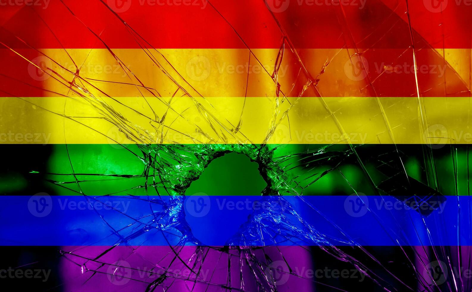 Flag LGBT community pride on a broken glass background. Raimbow gay culture symbol. Concept collage. photo