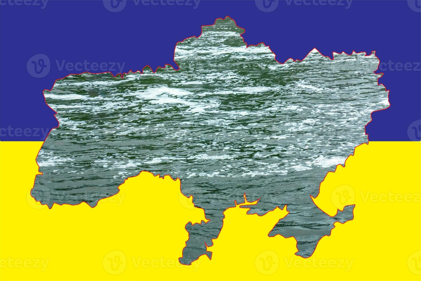 Concept collage. Flag of Ukraine with a contour map filled with water. Accident at the Kakhovskaya hydroelectric power station. Flooding problems. photo