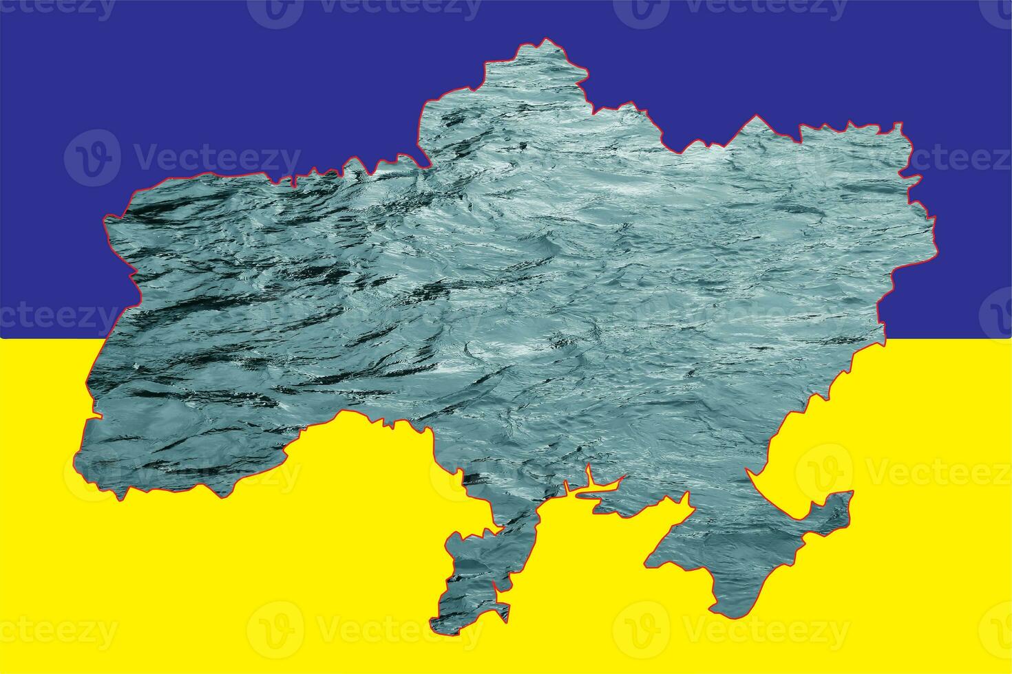 concepto collage. bandera de Ucrania con un contorno mapa lleno con agua. accidente a el kajovskaya hidroeléctrico poder estación. inundación problemas. foto