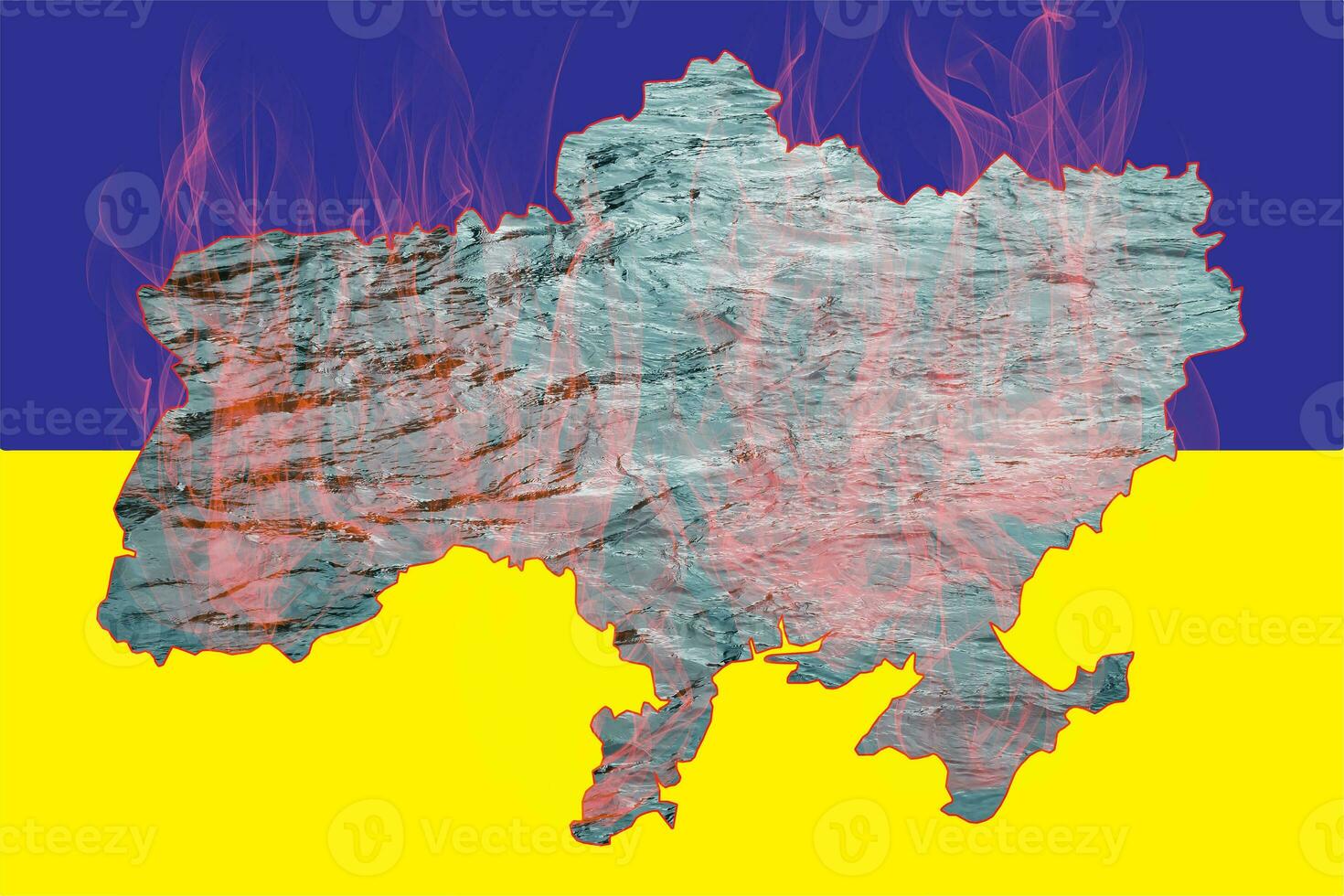 Concept collage. Flag of Ukraine with a contour map filled with water against the background of fire. War in Ukraine. Accident at the Kakhovskaya hydroelectric power station. . photo