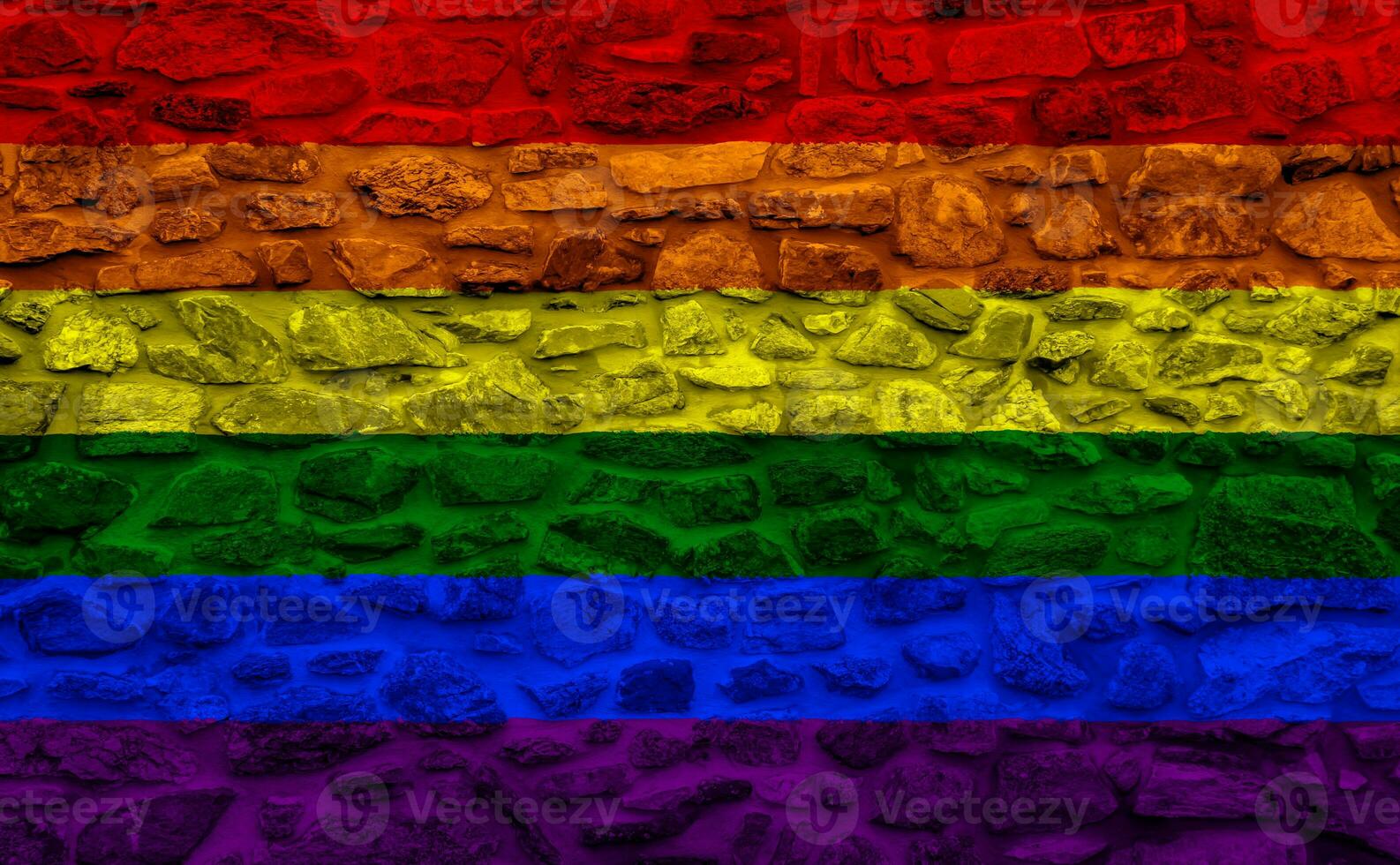 Flag of the LGBT community on the background of a stone wall. Rainbow symbol of gay culture. Concept collage. Illustration symbol of pride. photo