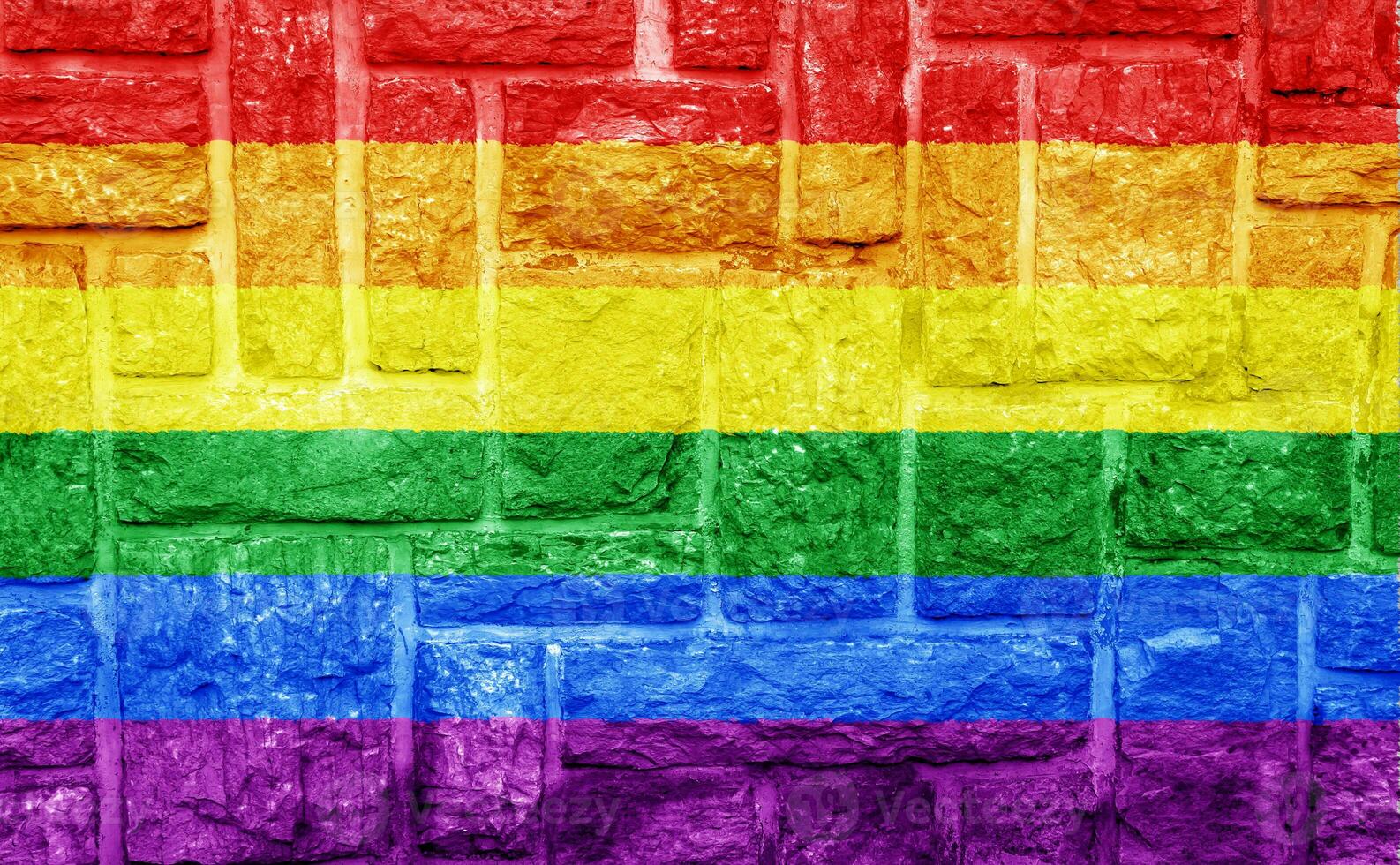Flag of the LGBT community on the background of a stone wall. Rainbow symbol of gay culture. Concept collage. Illustration symbol of pride. photo