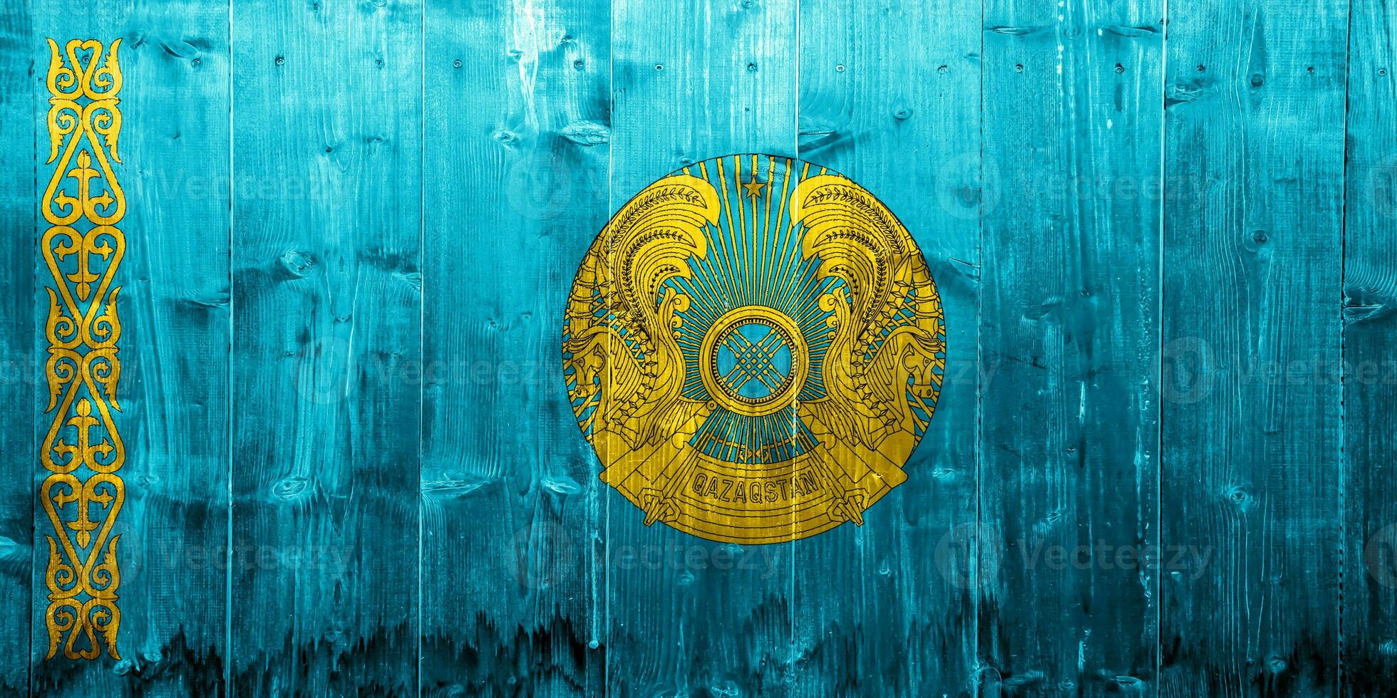 Flag of and coat of arms Republic of Kazakhstan on a textured background. Concept collage. photo