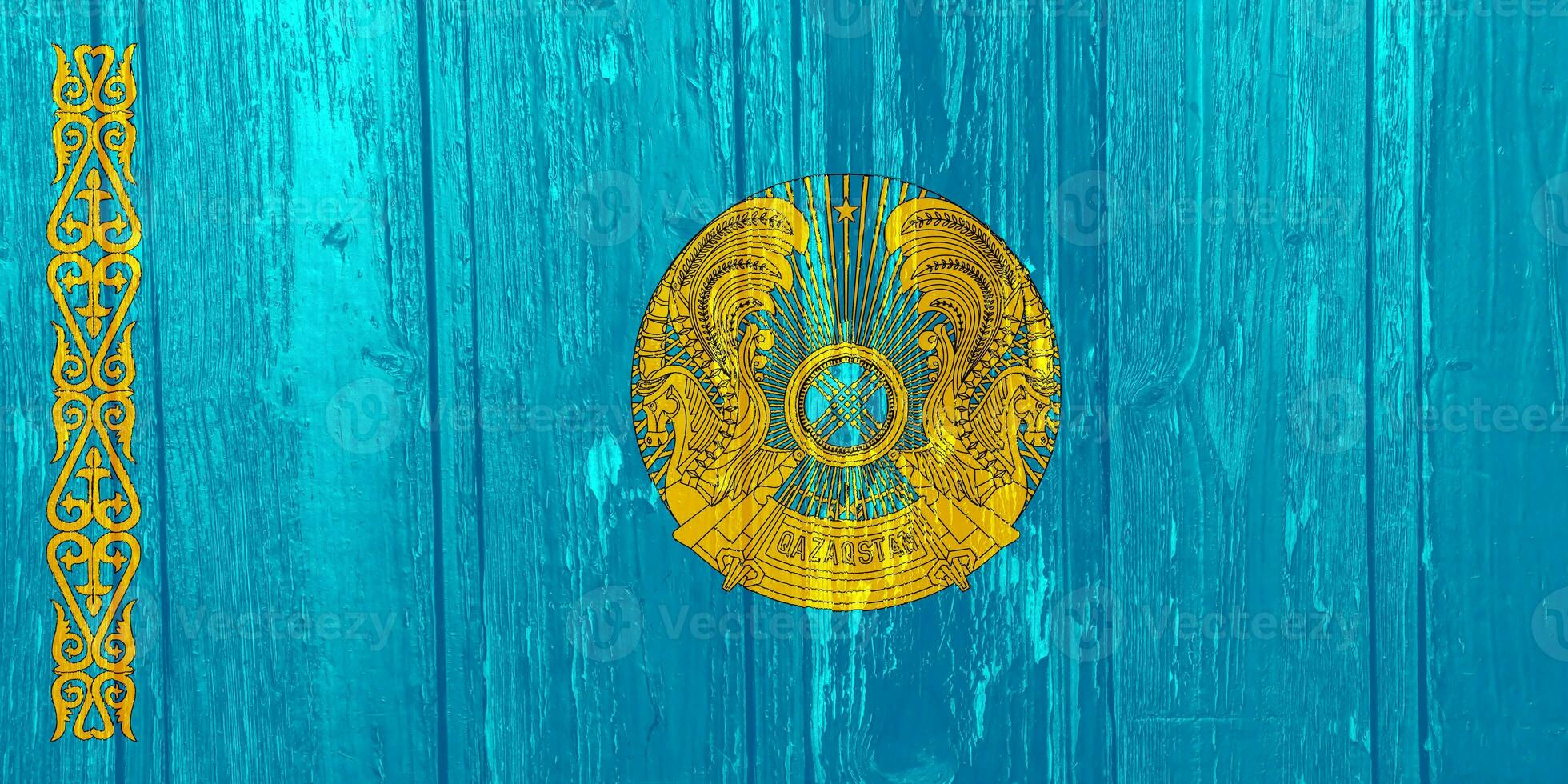 Flag of and coat of arms Republic of Kazakhstan on a textured background. Concept collage. photo