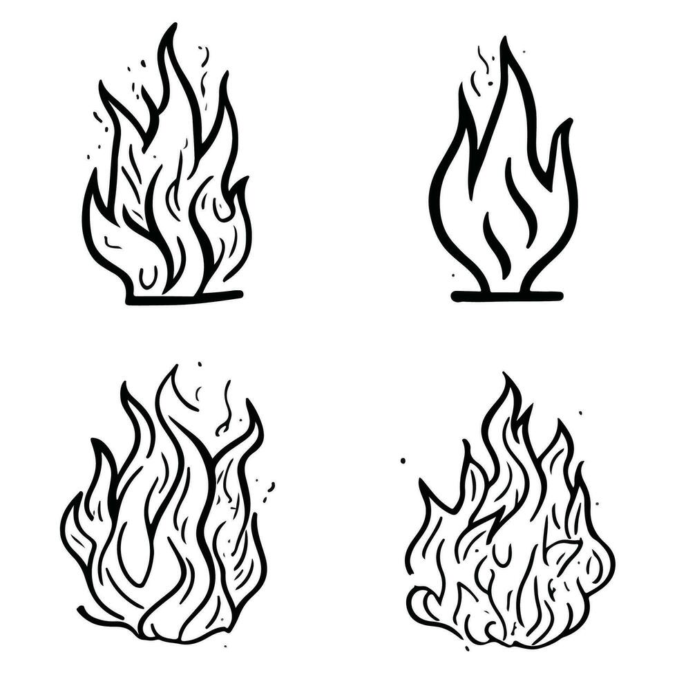 Hand drawn fire icons. Fire Flames Icons Vector Set. Hand Drawn Doodle Sketch Fire, Black and White Drawing. Simple fire symbol.