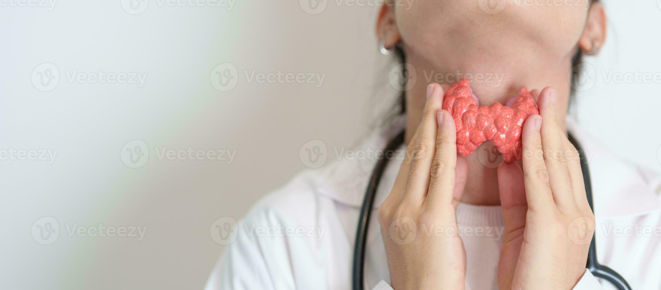 médico con humano tiroides anatomía modelo. hipertiroidismo, hipotiroidismo, hashimoto tiroiditis, tiroides tumor y cáncer, posparto, papilar carcinoma y salud concepto foto