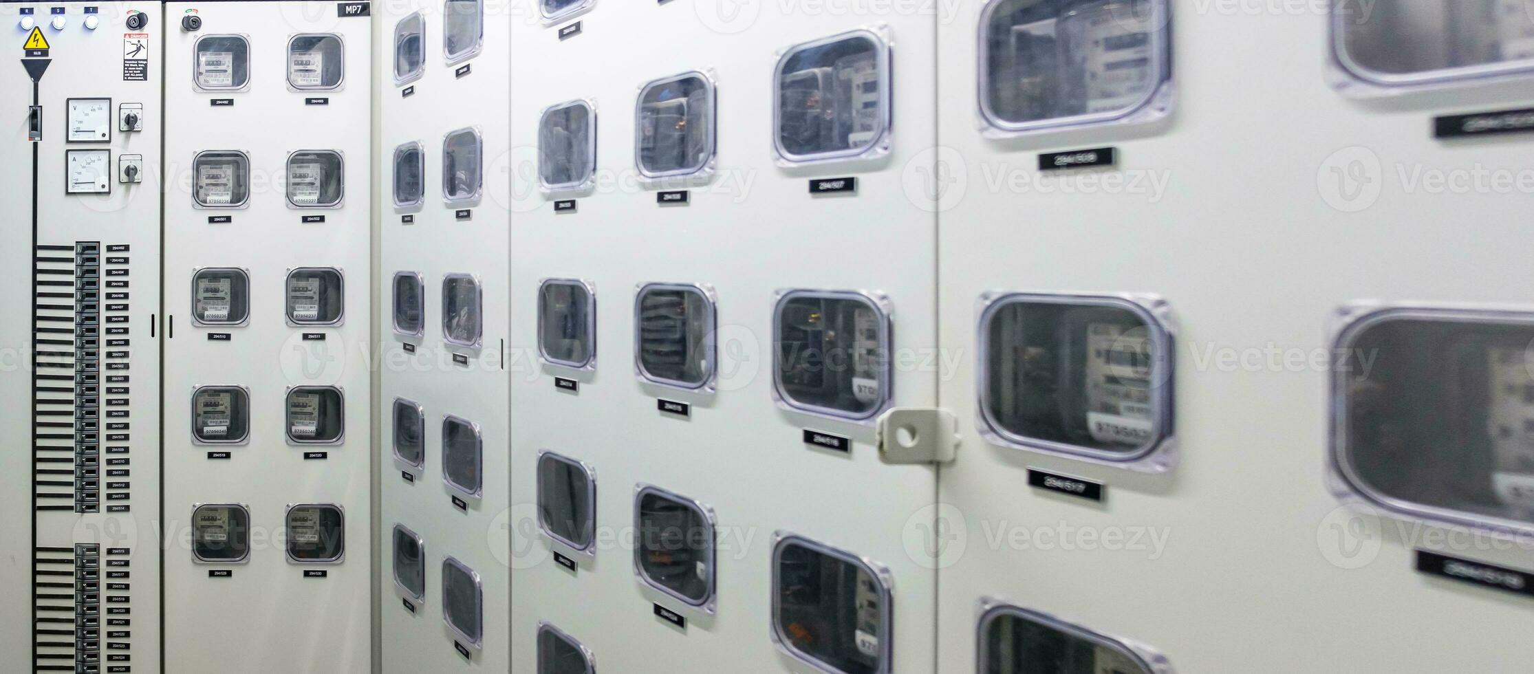 Electric meter control room in building, electrical meter measurement tool photo