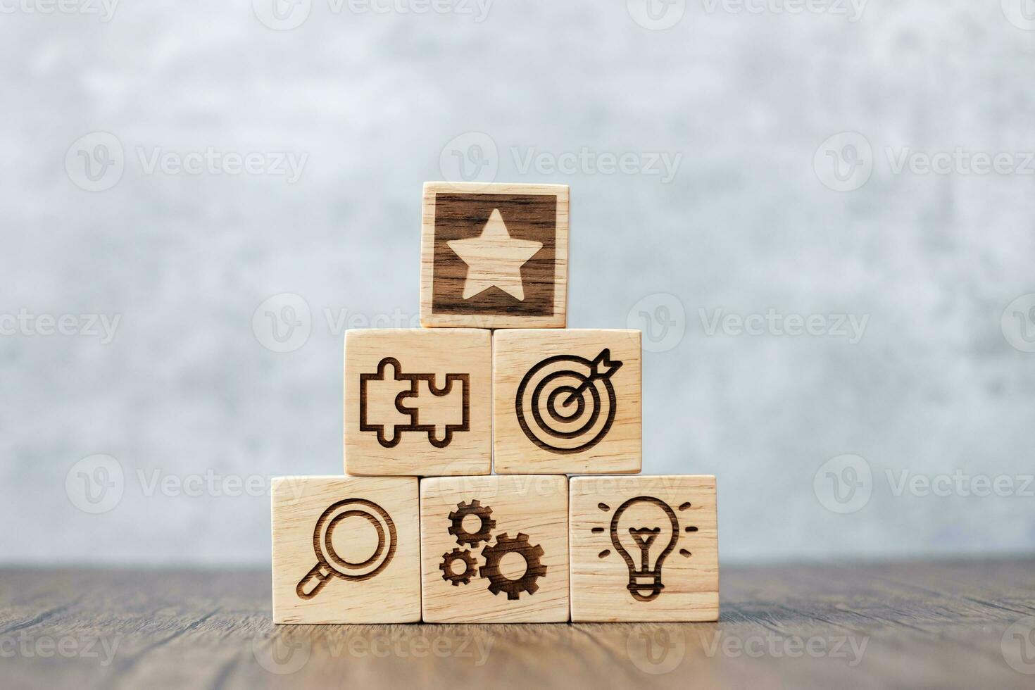 wood block with business success, goal, strategy, target, mission, action, objective, teamwork, research and idea concept photo
