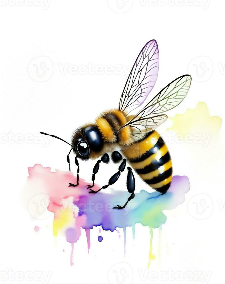 bee on a flower on a white background watercolor graphics photo