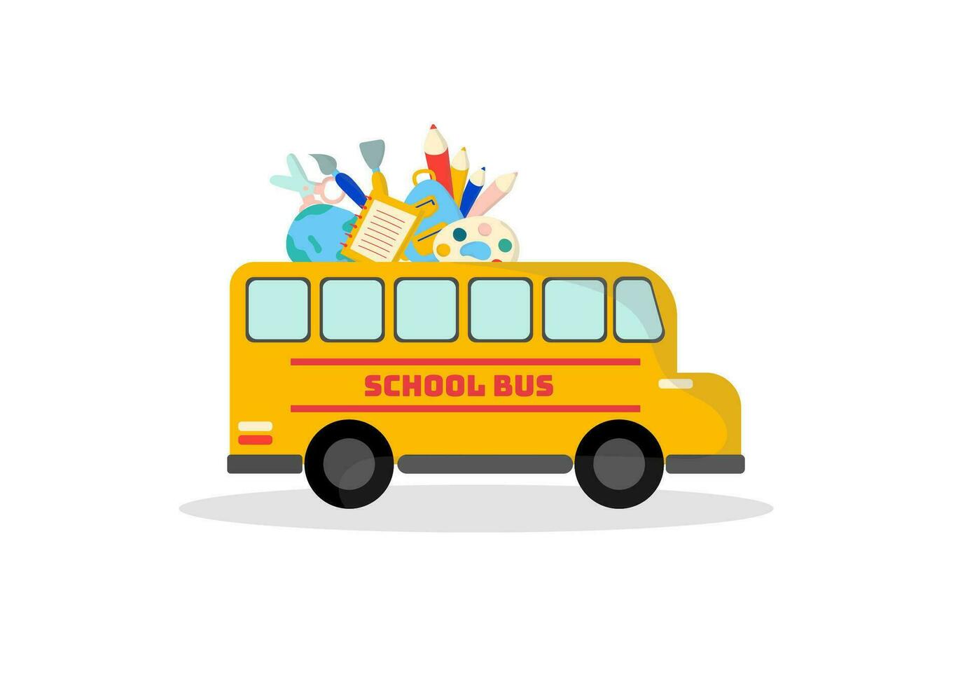 Back to school concept. School bus with schoolbag or backpack with a ruler, scissors, paintbrush, color plate, an earth globe, calculator, chemistry, and alarm clock on white background. vector