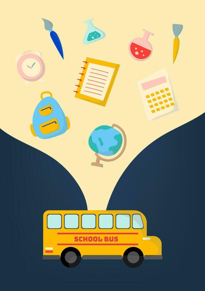 Back to school concept. School bus with schoolbag or backpack with a ruler, scissors, paintbrush, color plate, an earth globe, calculator, chemistry, and alarm clock on yellow and blue background. vector