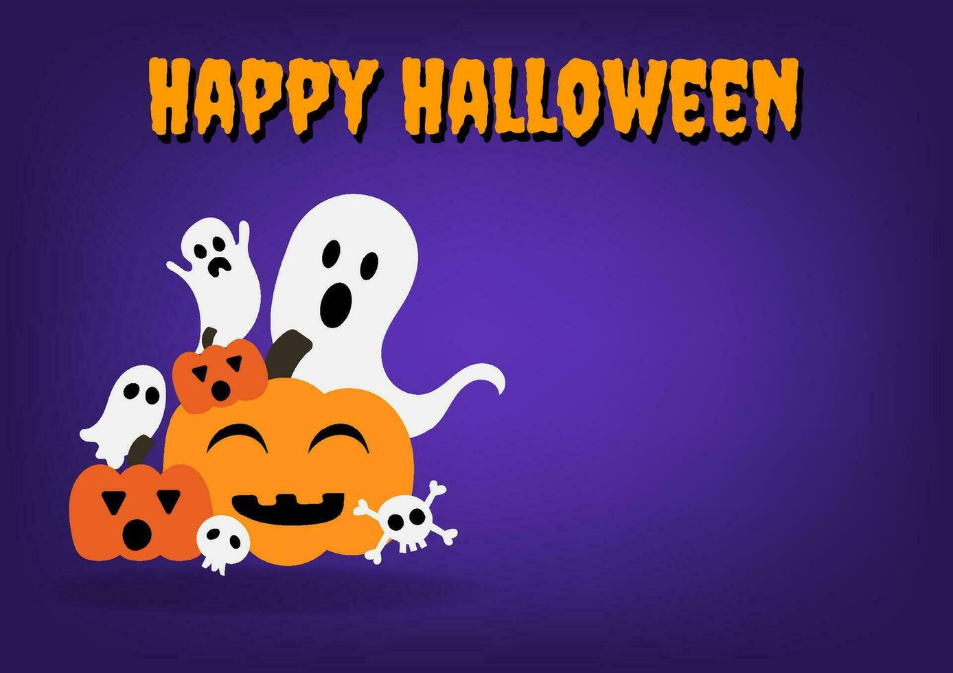 Happy Halloween concept. Cute white ghost characters with pumpkin cartoon and orange text on purple background for cards, banners, and web. Spooky expression. vector