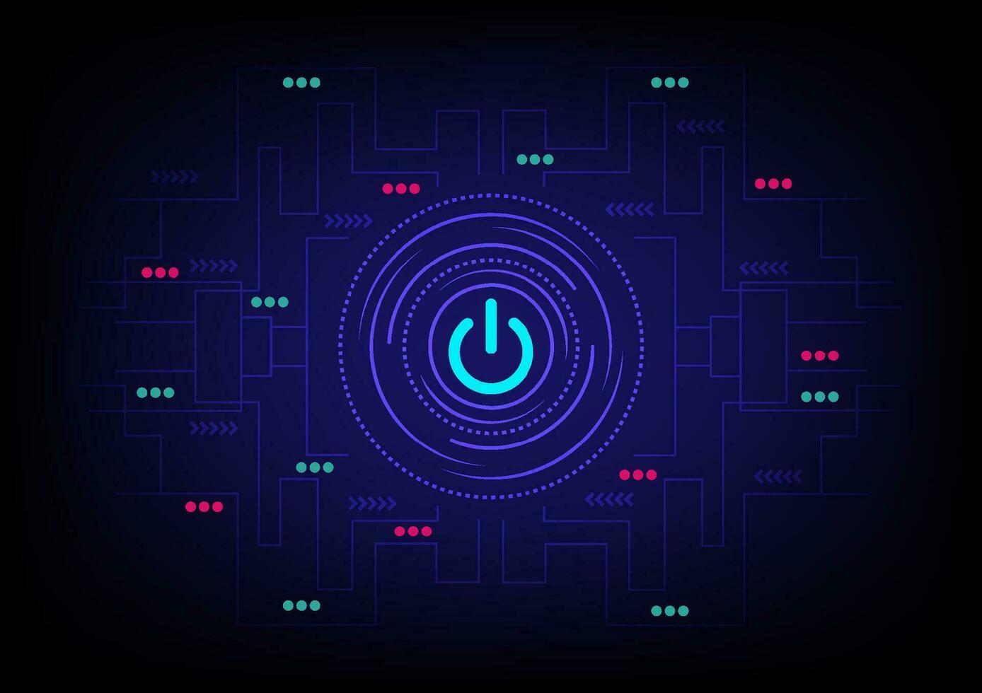 Power button with neon glowing lines on blue science technology background. Futuristic digital innovation, cyber security. vector