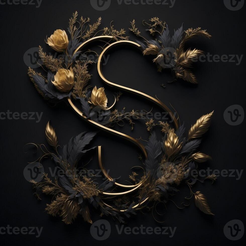 Letter S in beautiful luxury floral golden lightening design on a black wall background. , photo