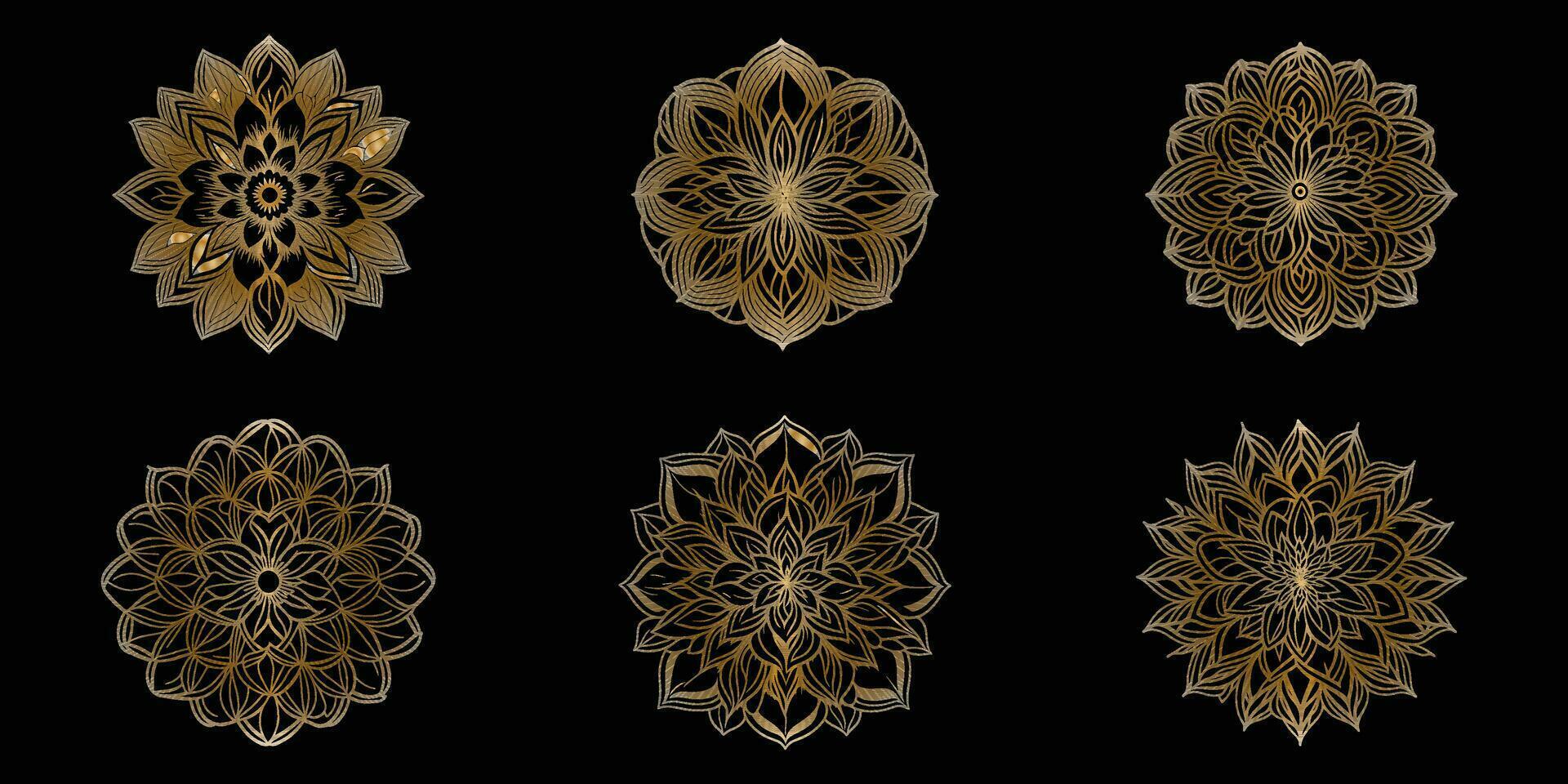 Golden Geometrical Flowers Vector Outline Isolated On White Background. Golden Floral Design