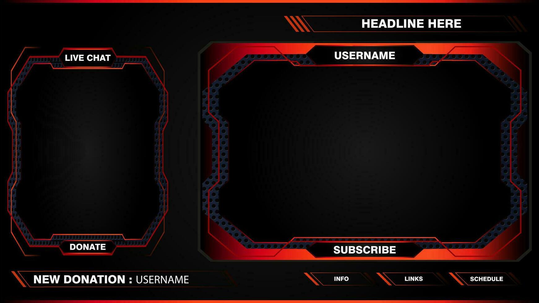 Game live stream interface overlay frames for gamer broadcast. Online streaming banners and menu bars isolated on background. vector