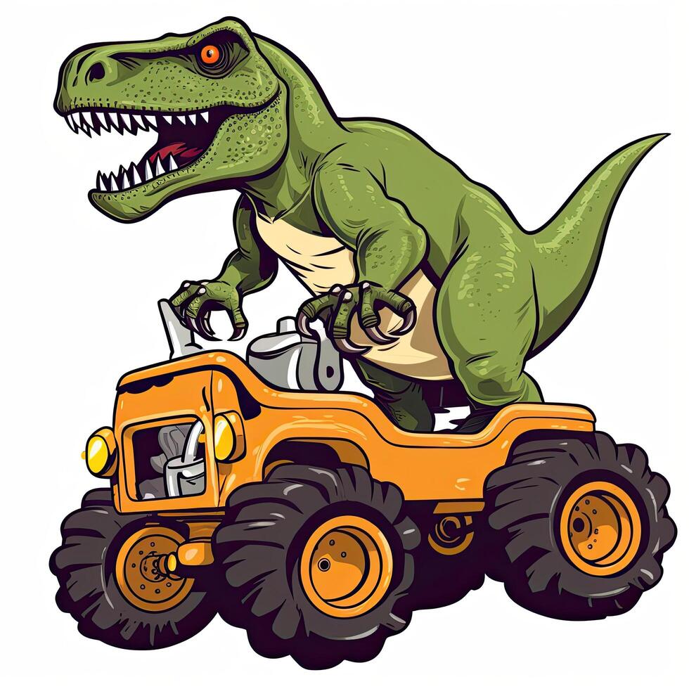 Tyrannosaurus dinosaur rides on a monster truck. TRex Riding Monster Truck clipart, photo