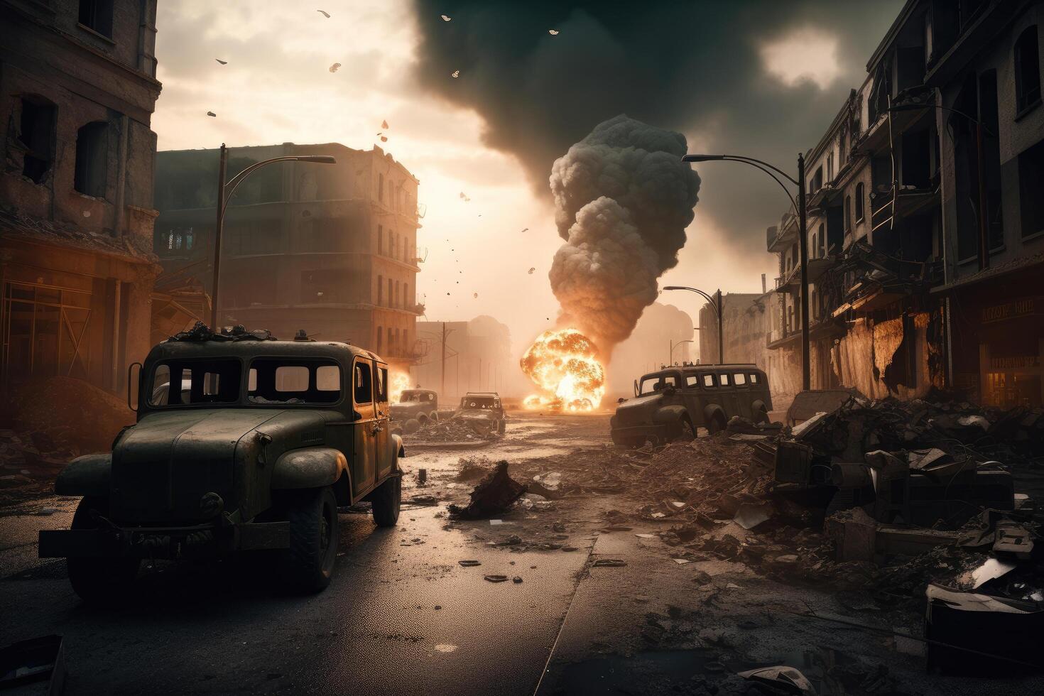 Ruins of a very heavily polluted industrial factory, the place was known as one of the most polluted towns in Europe. Nuclear war affects a city with soldiers and army, photo