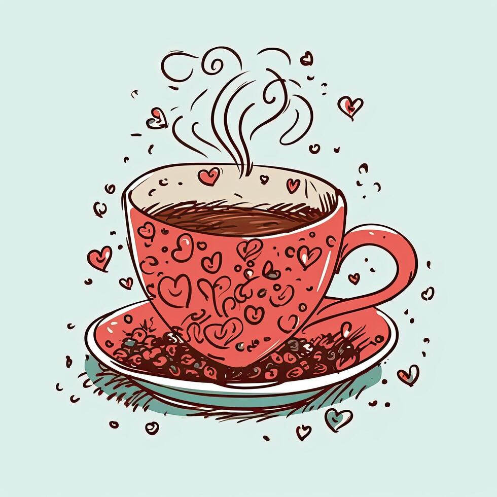 Cup of coffee with hearts. Hand drawn vector illustration in sketch style. Coffee Valentines Day clipart, AI Generated photo