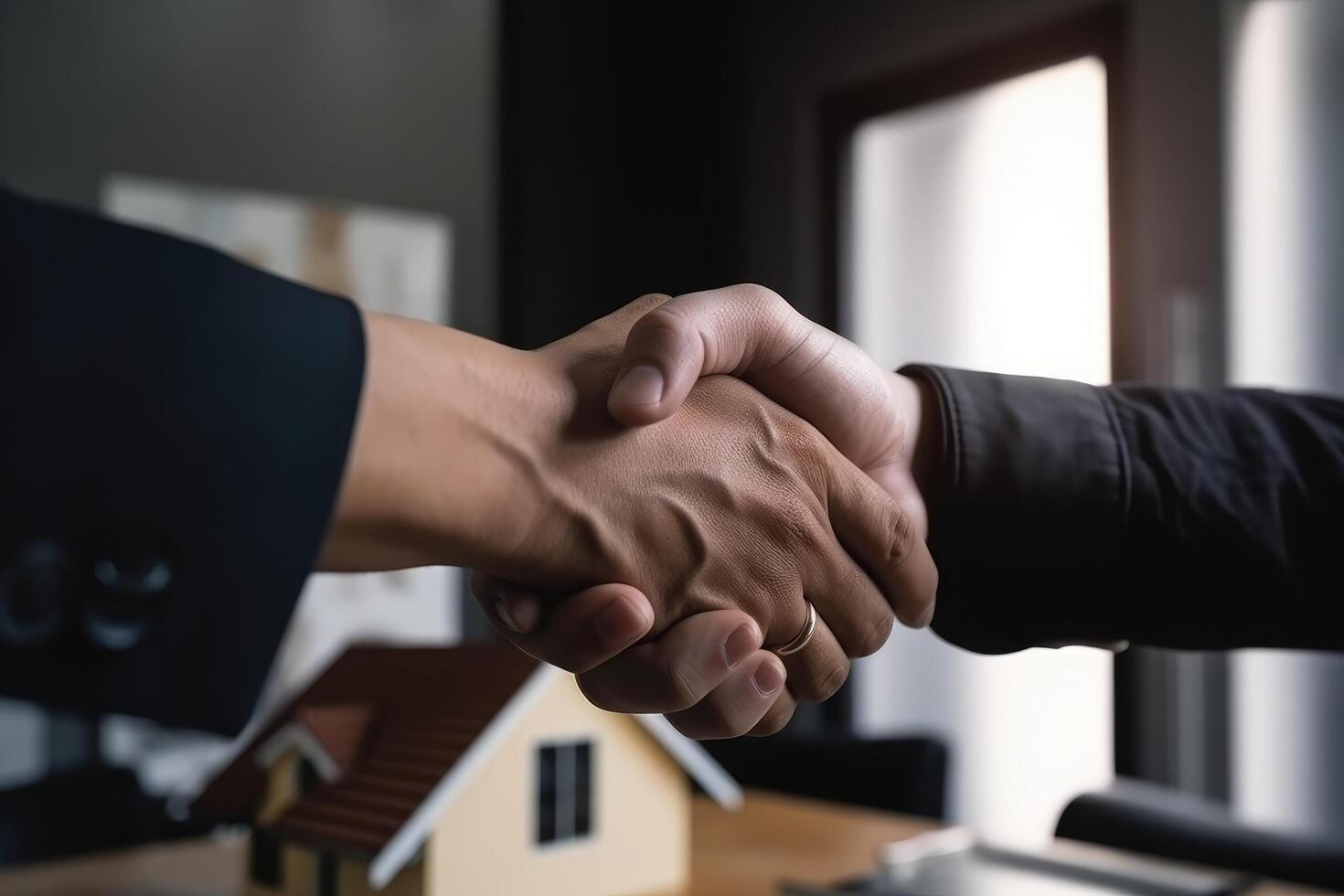 Real estate agent shaking hands with customer after signing contract for buying a house. Real estate broker manager shaking hands, photo