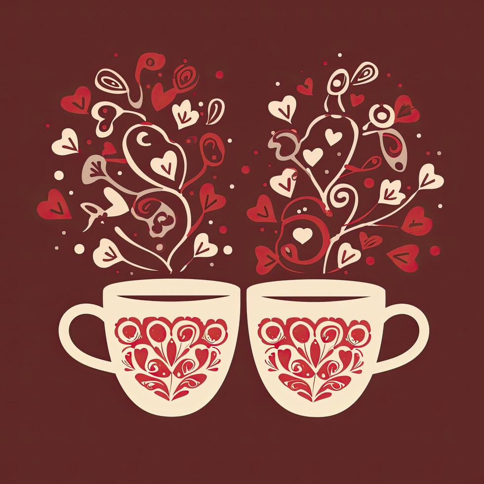 dos tazas de café con en forma de corazon modelo. café san valentin día clipart, ai generado foto