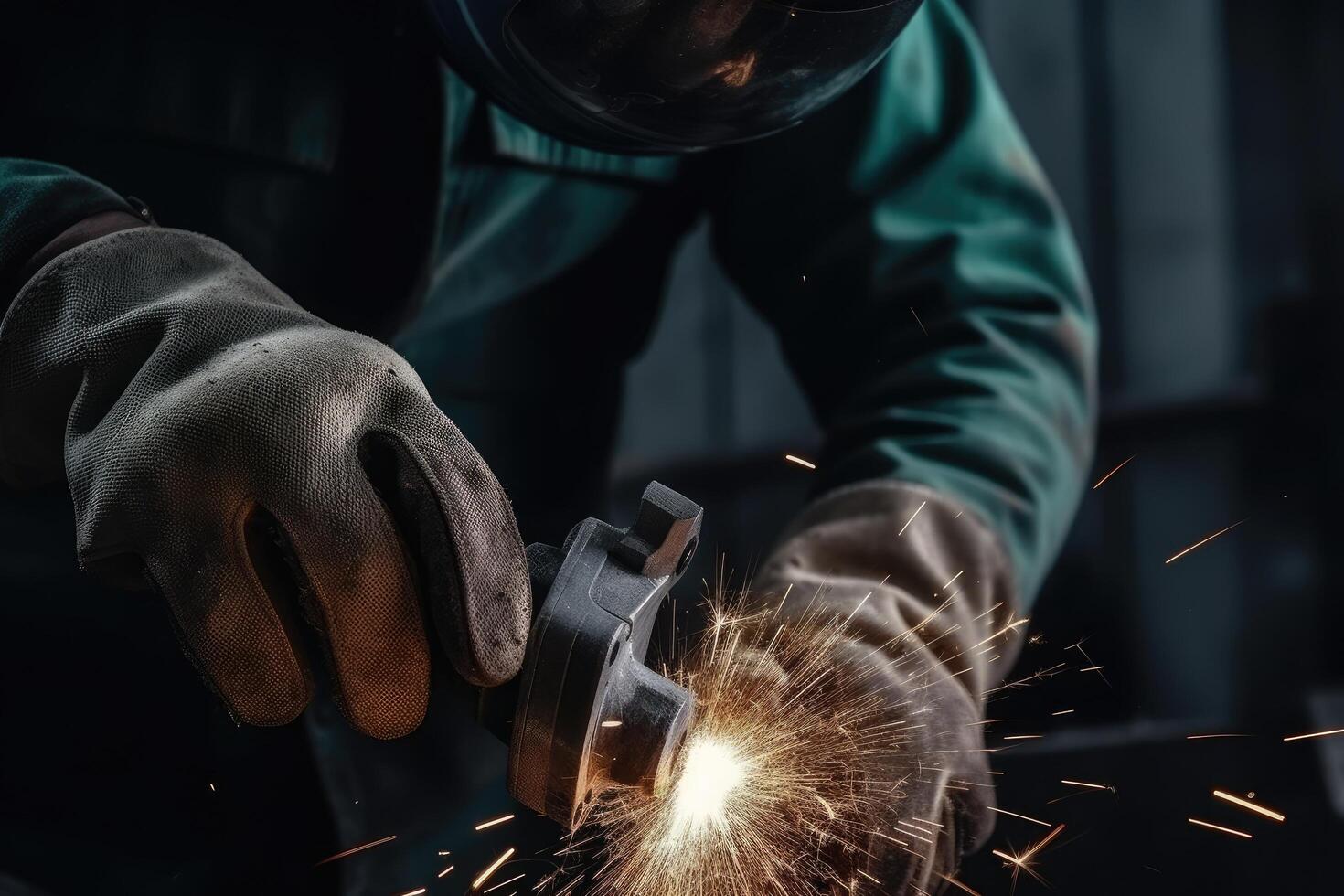 Close up of a welder using a grinder to cut metal, Industrial worker hands closeup view welding mettle, photo