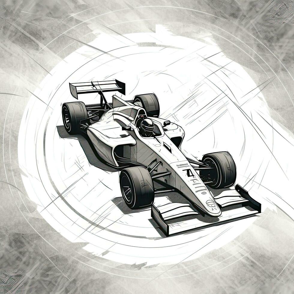 Racing car sketch on a grunge background illustration. Sport car racing formula one race track line art, AI Generated photo