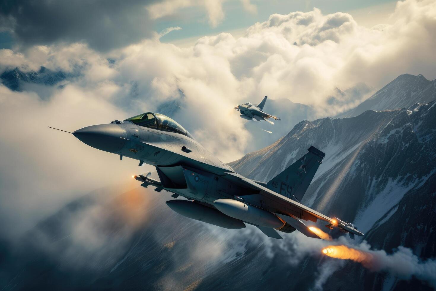 Fighter jet fighter flying in the sky over mountains. 3d rendering, Fighter jet shooting on another fighter jet, photo