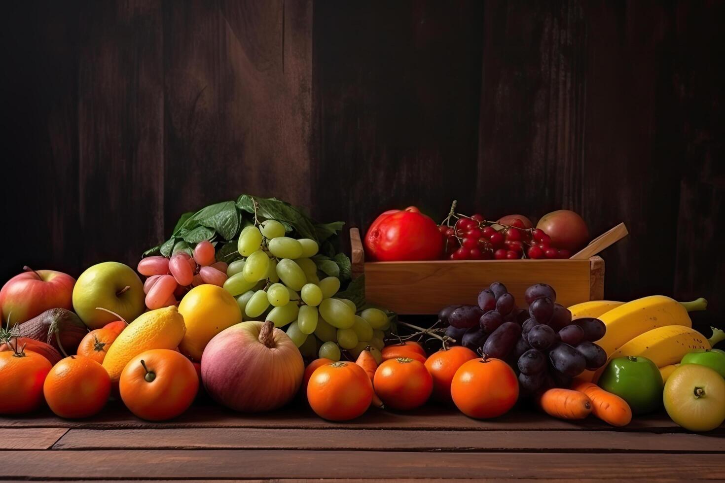 Fresco frutas y vegetales en un de madera antecedentes. sano comida concepto. Fresco frutas y vegetales son en el mesa, ai generado foto