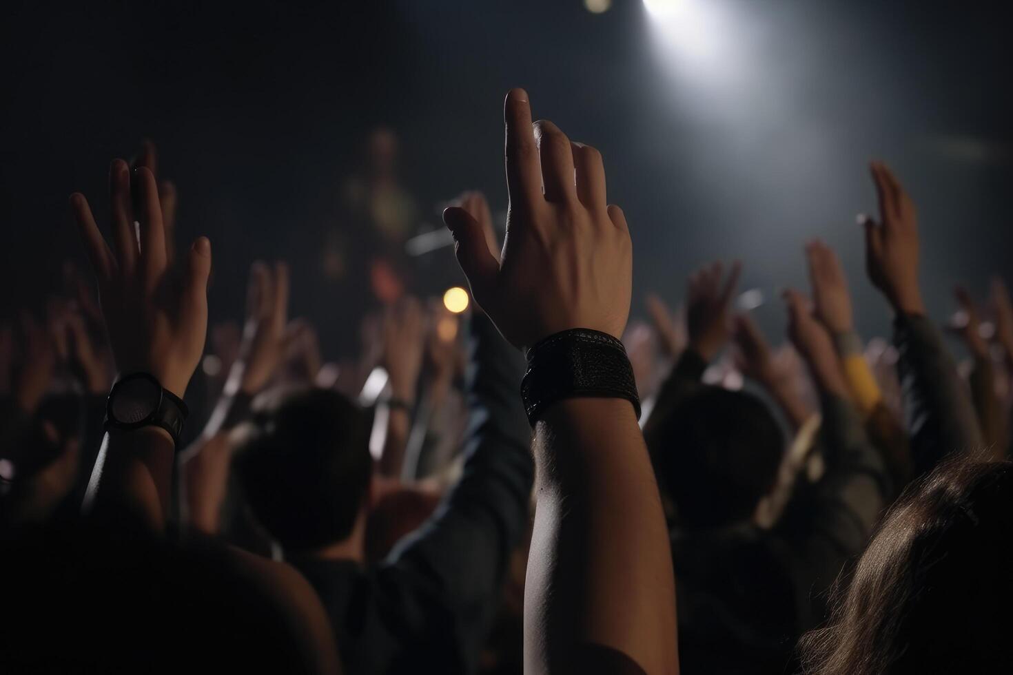 The crowd at a concert in front of the stage with hands raised up, Peoples closeup rear view raising their hands, AI Generated photo