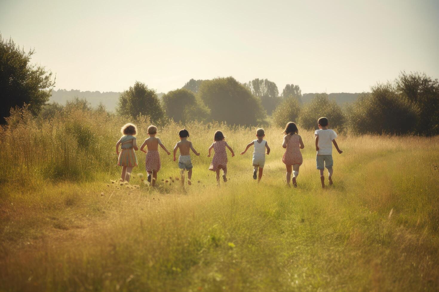 grupo de contento niños corriendo en el campo en un soleado verano día, un grupo de contento niños lleno posterior ver corriendo un césped campo, ai generado foto