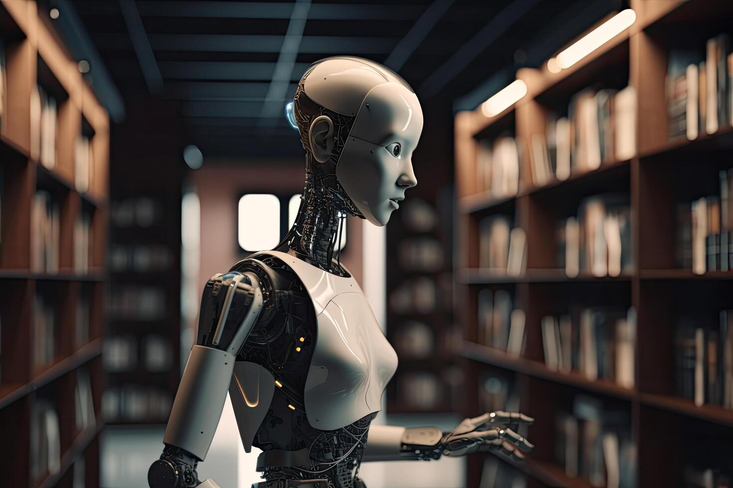 3d rendering humanoid robot in library with bookshelves on background, Futuristic AI robot reading books in a library, photo