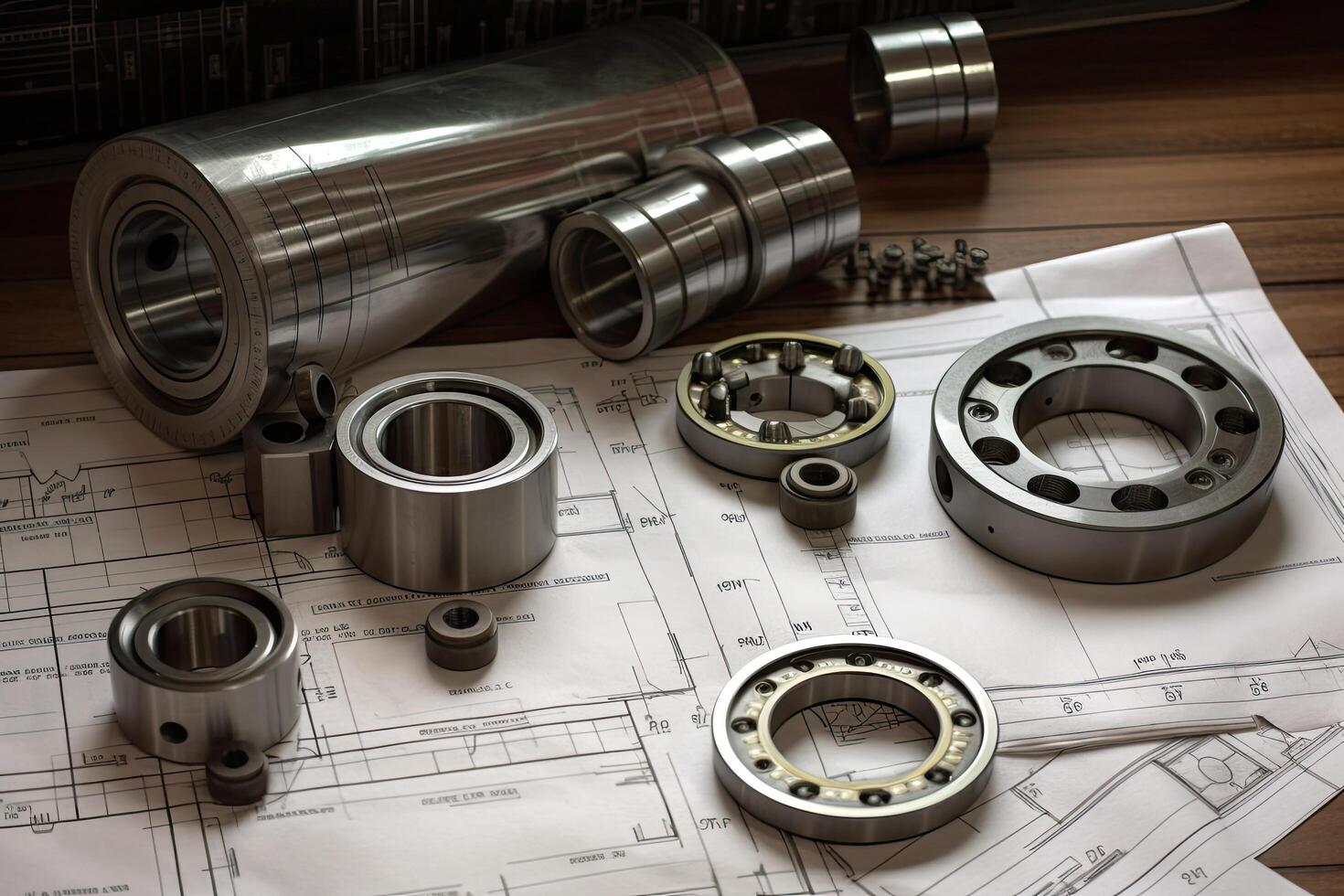 Ball bearings and rollers lie on the technical drawing of the project, Bearings milling cutters and a measuring scale on the table, photo