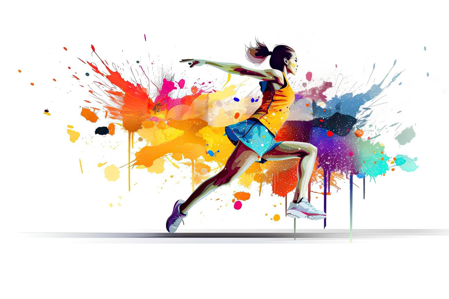 Young woman jumping with a lot of colorful splashes illustration. Running athletics sport women colorful splash, photo