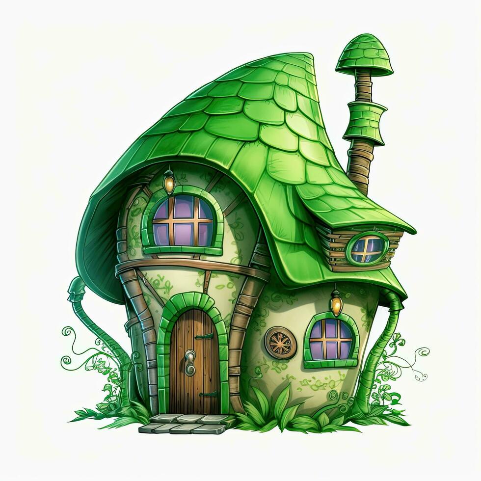 ilustración de un verde hada casa con un Chimenea en un blanco fondo, verde hada casa clipart, ai generado foto