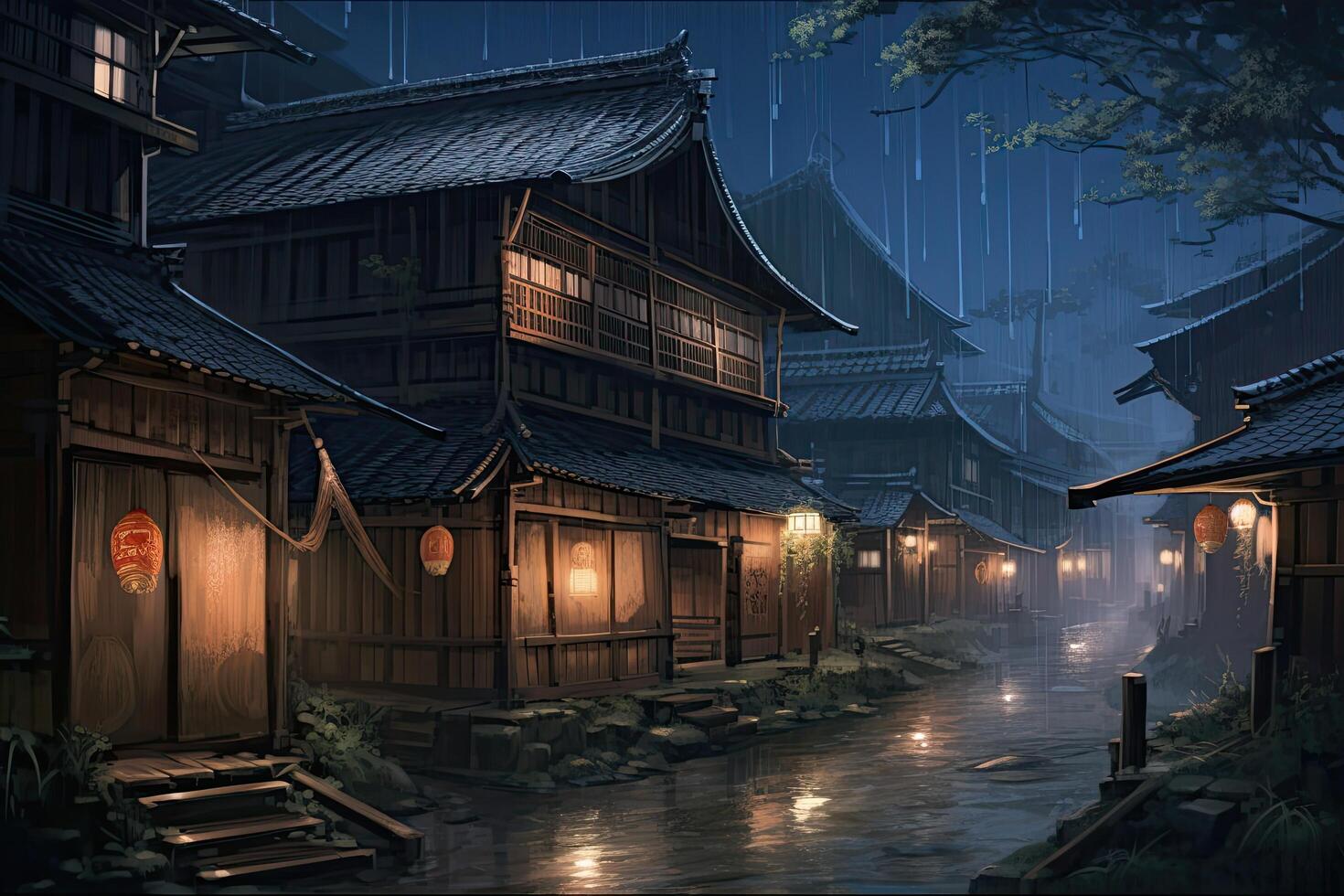 antiguo de madera casas en el japonés pueblo a noche. digital cuadro. un hermosa obra de arte ilustración de lluvioso medieval Japón ai generado foto