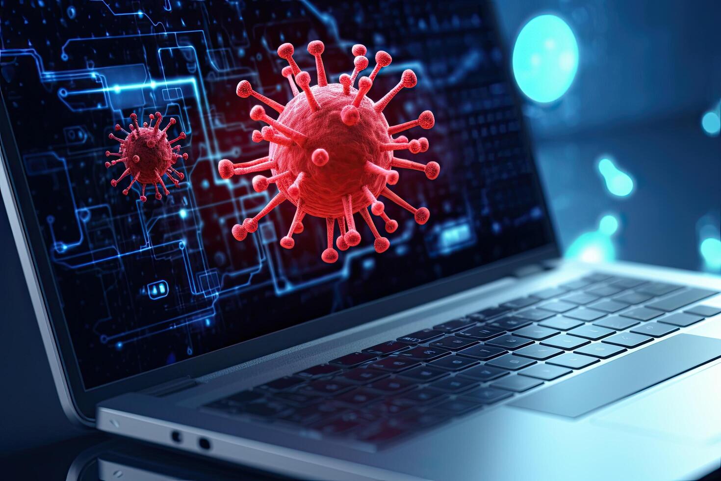 Covid 19 virus attack on laptop screen 3d render, A laptop screen shows blue coding and a red corona virus warning, photo