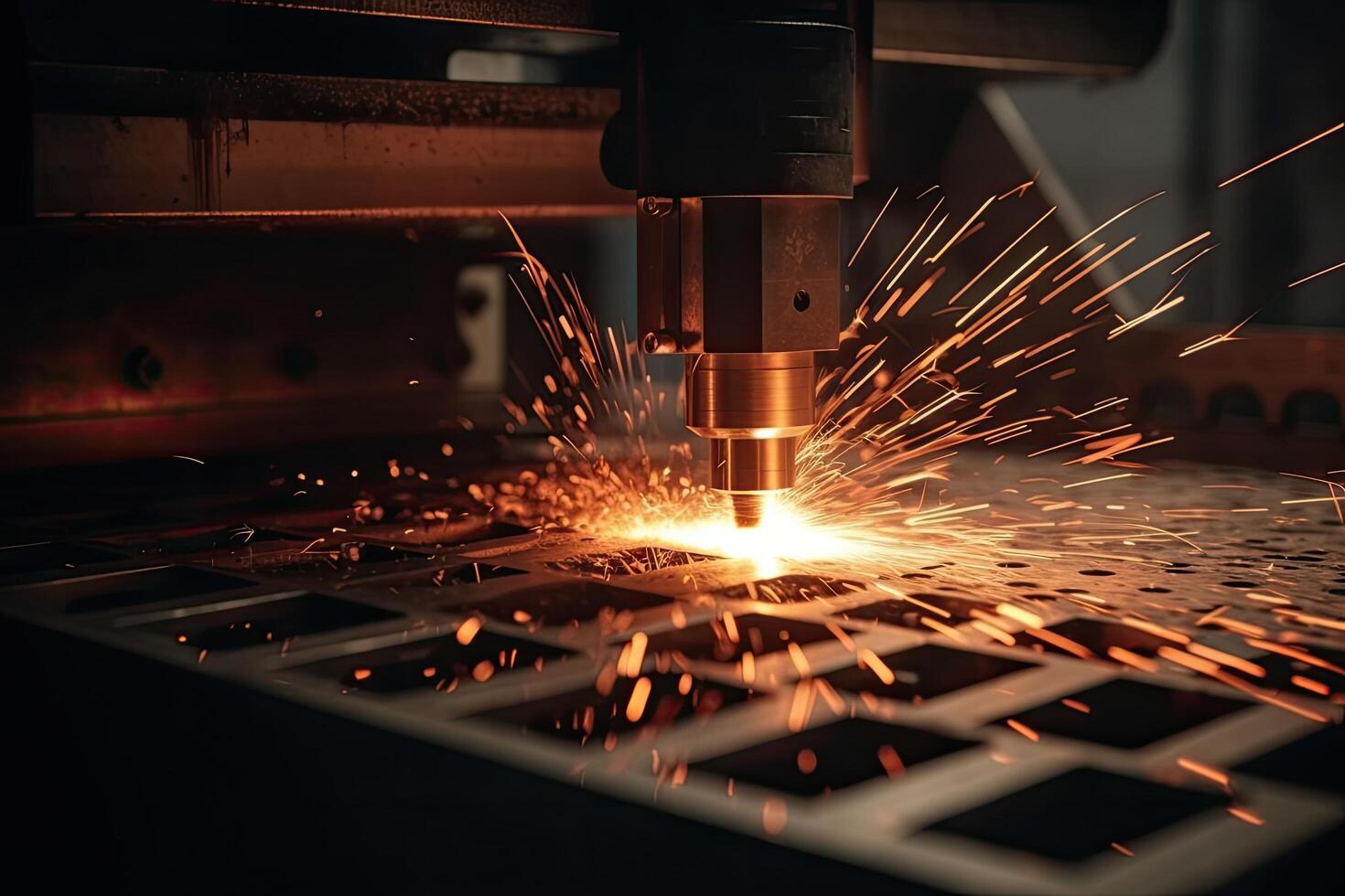 Industrial CNC laser cutting metal with sparks. Small depth of field. laser CNC machine cutting off a metal plate in a manufacturing facility, with sparks flying, photo