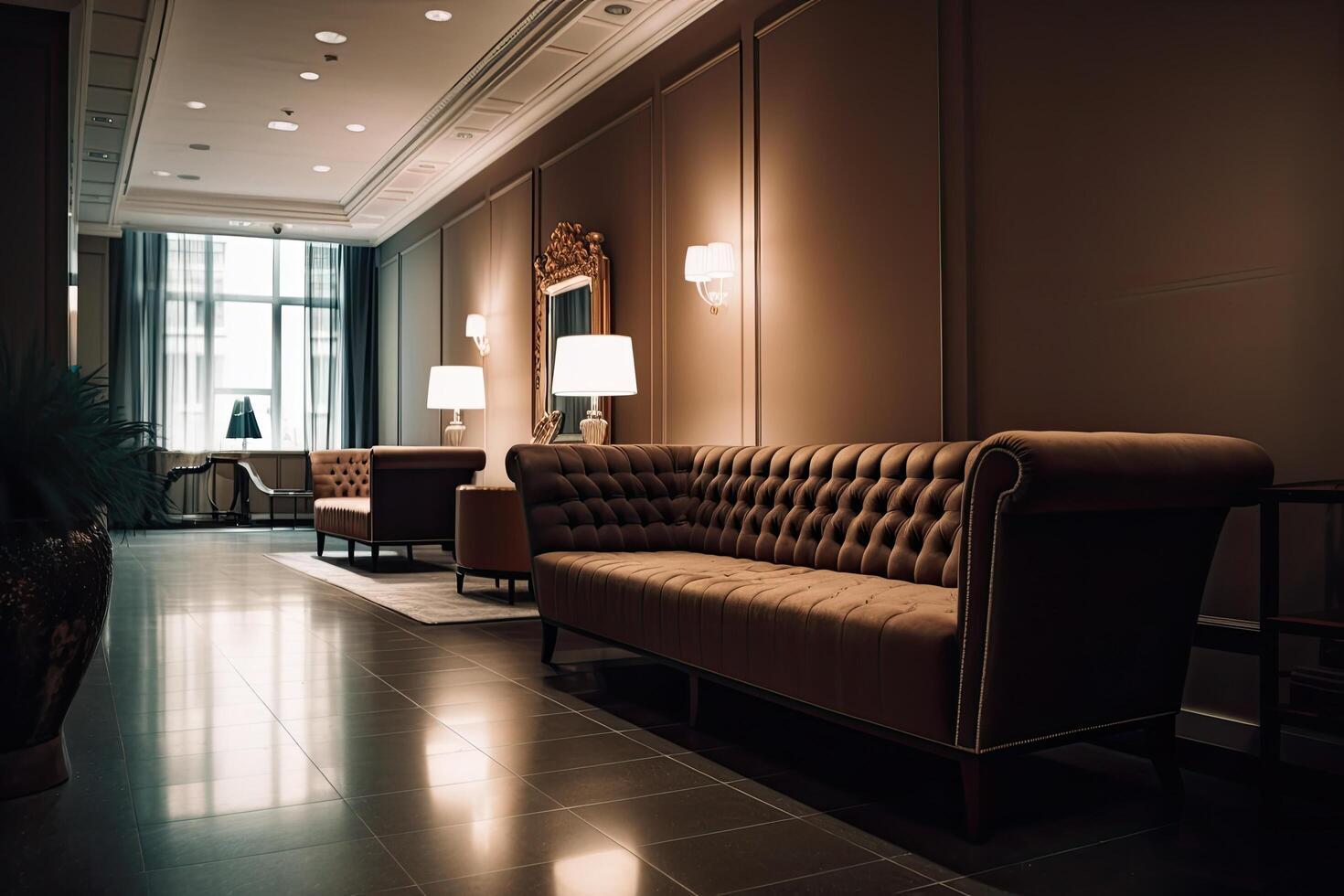 Luxury hotel lobby interior with a leather sofa and two armchairs, A luxurious hotel lobby interior with a comfortable and stylish waiting area, photo