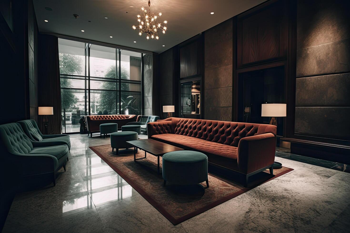 Luxury hotel lobby interior with sofas and armchairs, A luxurious hotel lobby interior with a comfortable and stylish waiting area, photo